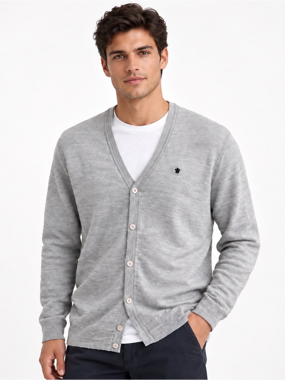 Louis Philippe Men’s Merino Wool Blend V-Neck Cardigan Gray Large